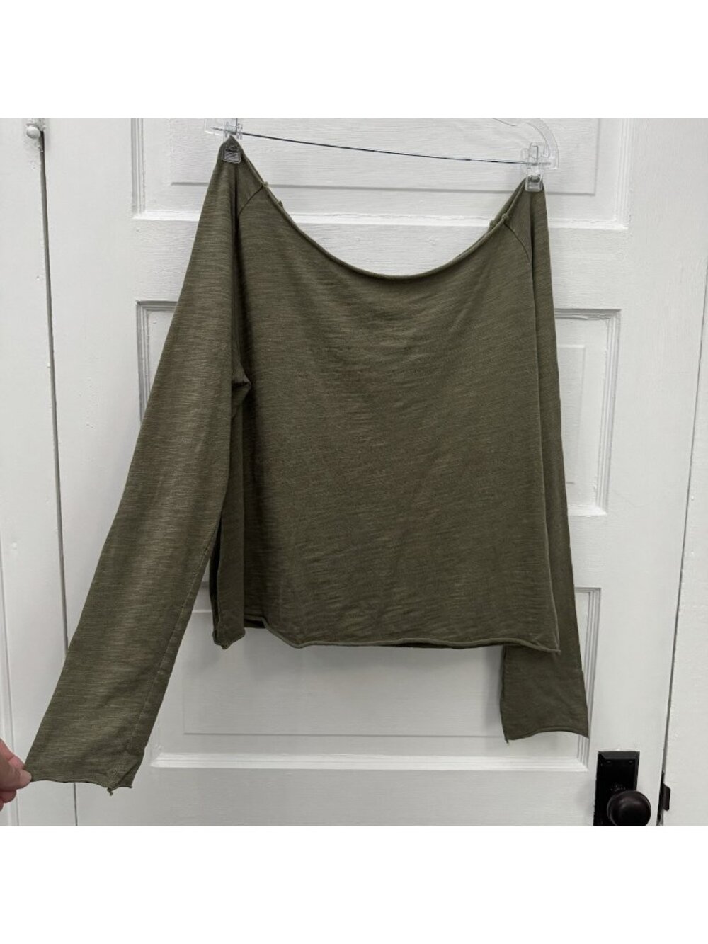 Womens Olive Green Off Shoulder Long Sleeve Knit Top Large Slouchy Stretch